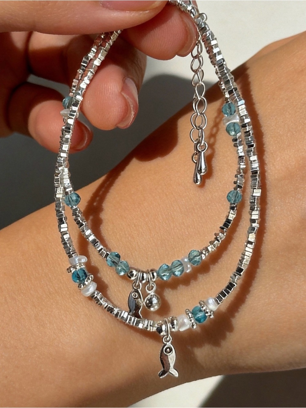 Handmade Silver Ocean Fish Charm Bracelet Set